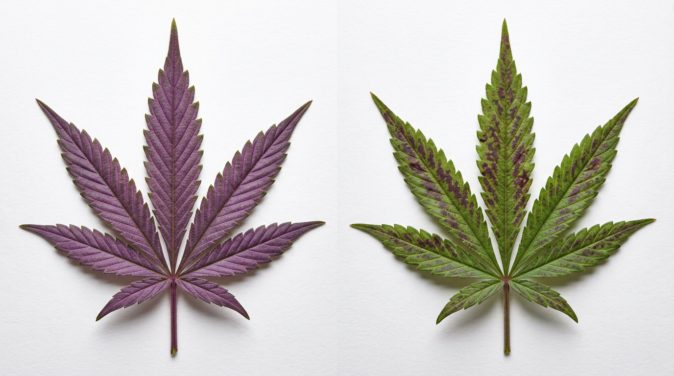 Cannabis leaf comparison showing natural genetic purple coloration versus phosphorus deficiency purple discoloration for strain-specific symptom diagnosis