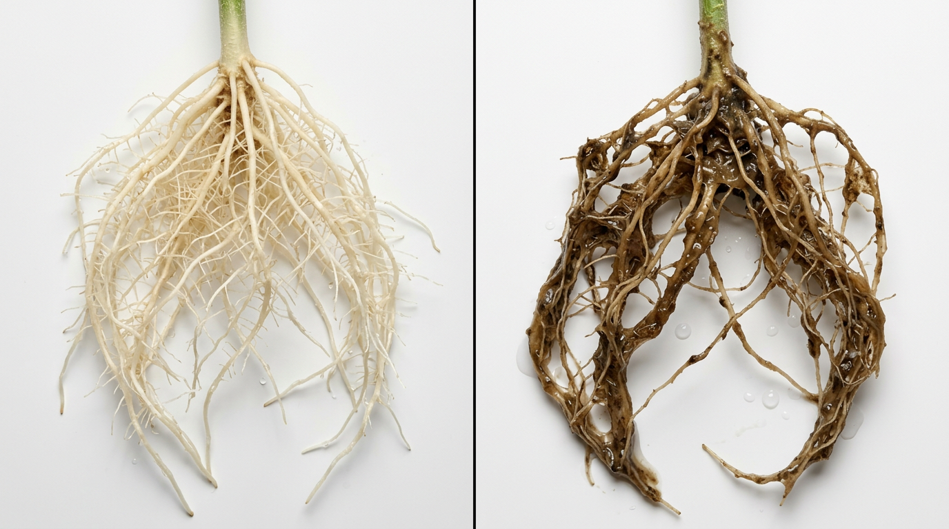 Comparison of healthy cannabis roots versus Pythium root rot infected roots showing brown slimy deterioration