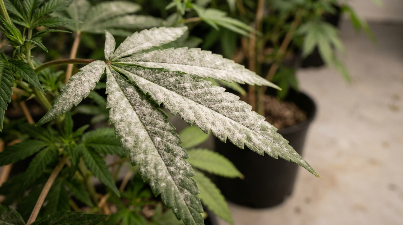 Powdery mildew fungal infection on cannabis leaves showing characteristic white powder coating on leaf surface