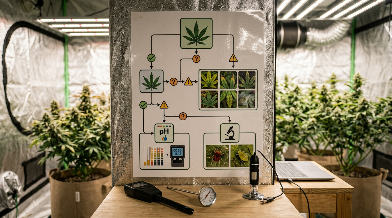 Cannabis diagnostic flowchart system posted in grow room with leaf problem images and testing equipment reference guide