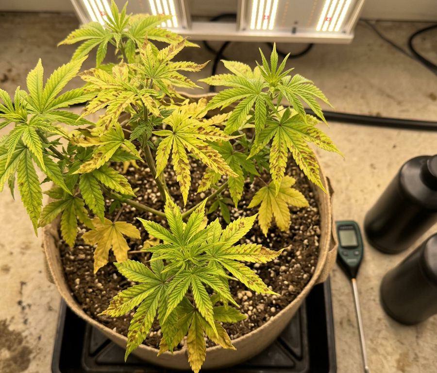 Cannabis plant showing nutrient deficiency symptoms on leaves