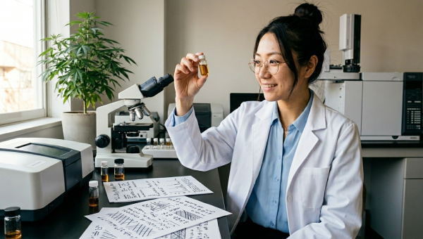 Cannabis science researcher Maya examining terpene profiles and cannabinoid analysis at laboratory bench with testing equipment