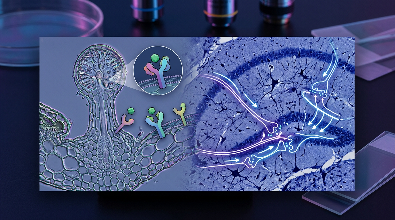 Endocannabinoid system CB1 and CB2 receptors visualized in cannabis plant tissue and neural pathways, explaining cannabinoid receptor distribution in the brain
