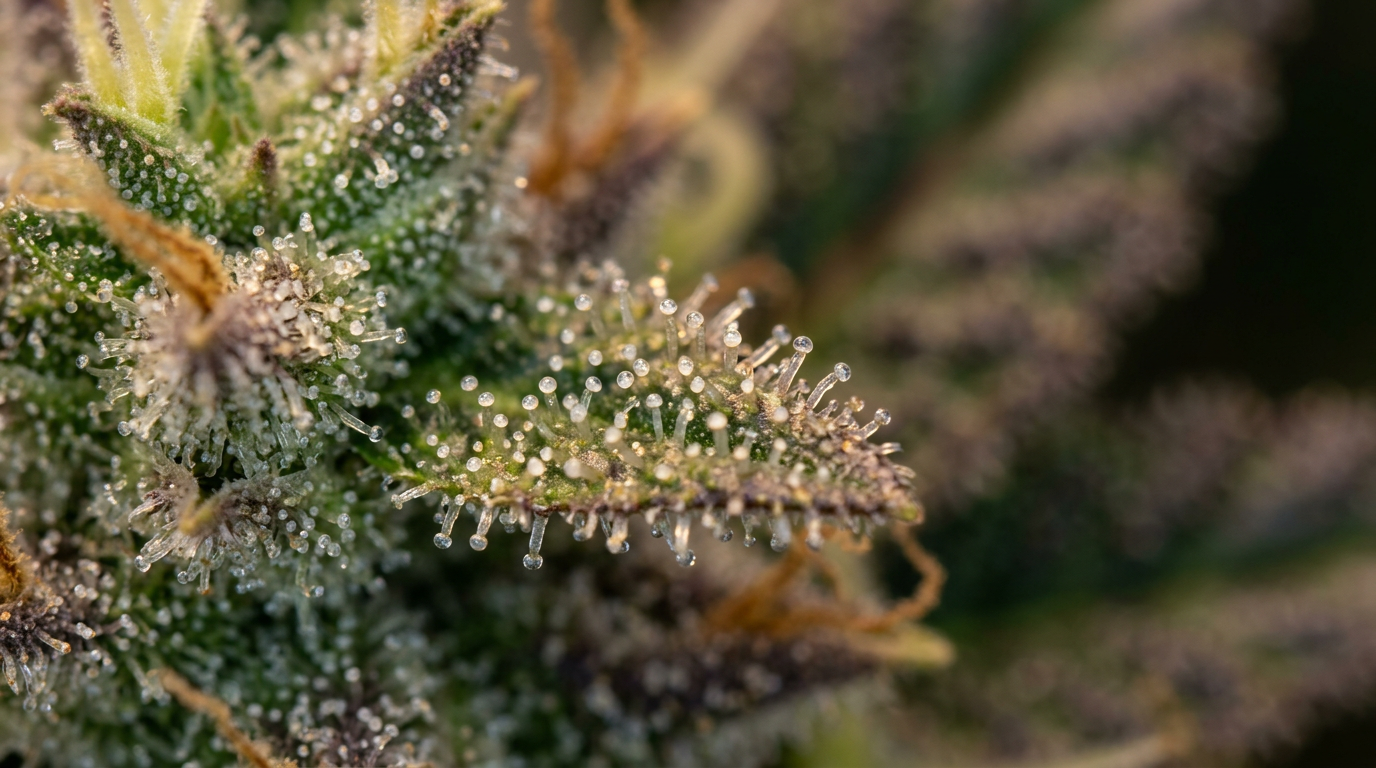 Cannabis trichomes macro photography showing resinous glandular heads containing terpenes and cannabinoids in extreme detail