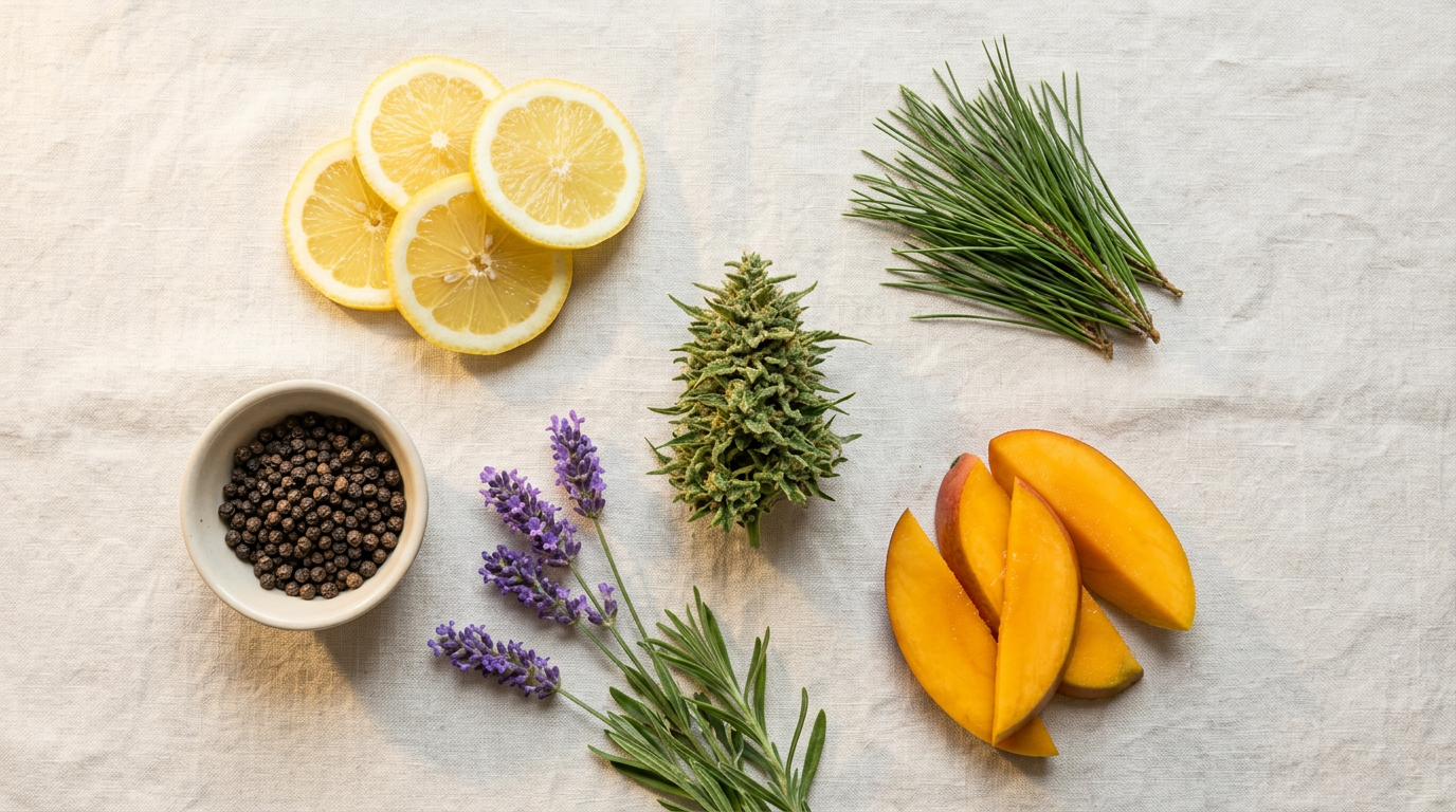 Cannabis terpene sources including lemon, black pepper, lavender, pine, and mango showing natural origins of limonene, caryophyllene, linalool, and pinene compounds