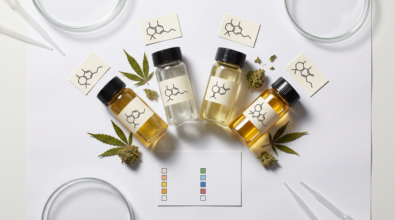 Isolated cannabis terpenes in labeled glass vials arranged with molecular structure diagrams and terpene profile documentation