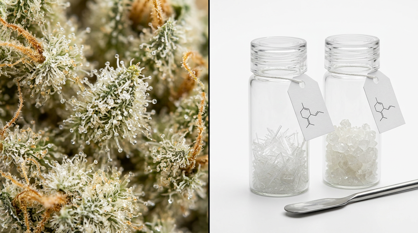 Full-spectrum cannabis terpene profiles versus isolated terpene crystals in vials, demonstrating entourage effect differences between whole-plant and isolate extracts