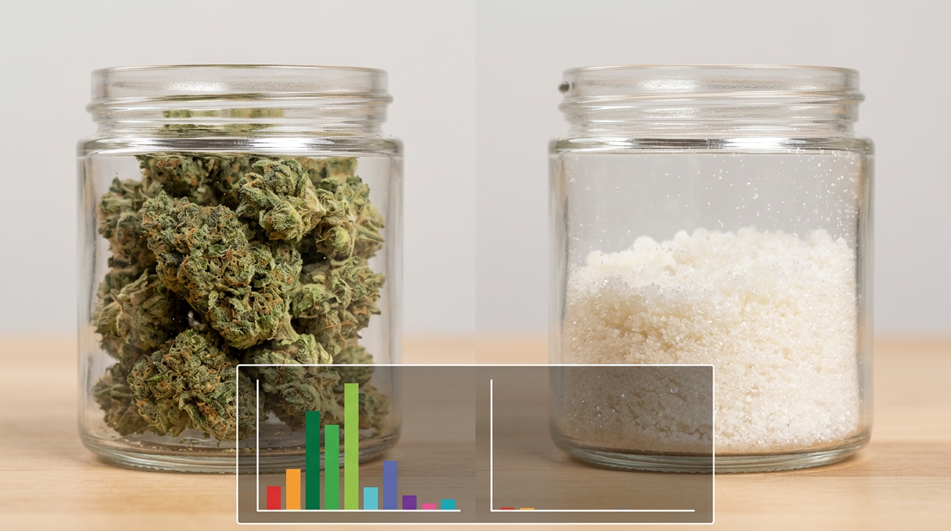 Full-spectrum cannabis flower compared to CBD isolate crystals showing visual and chemical composition differences in entourage effect