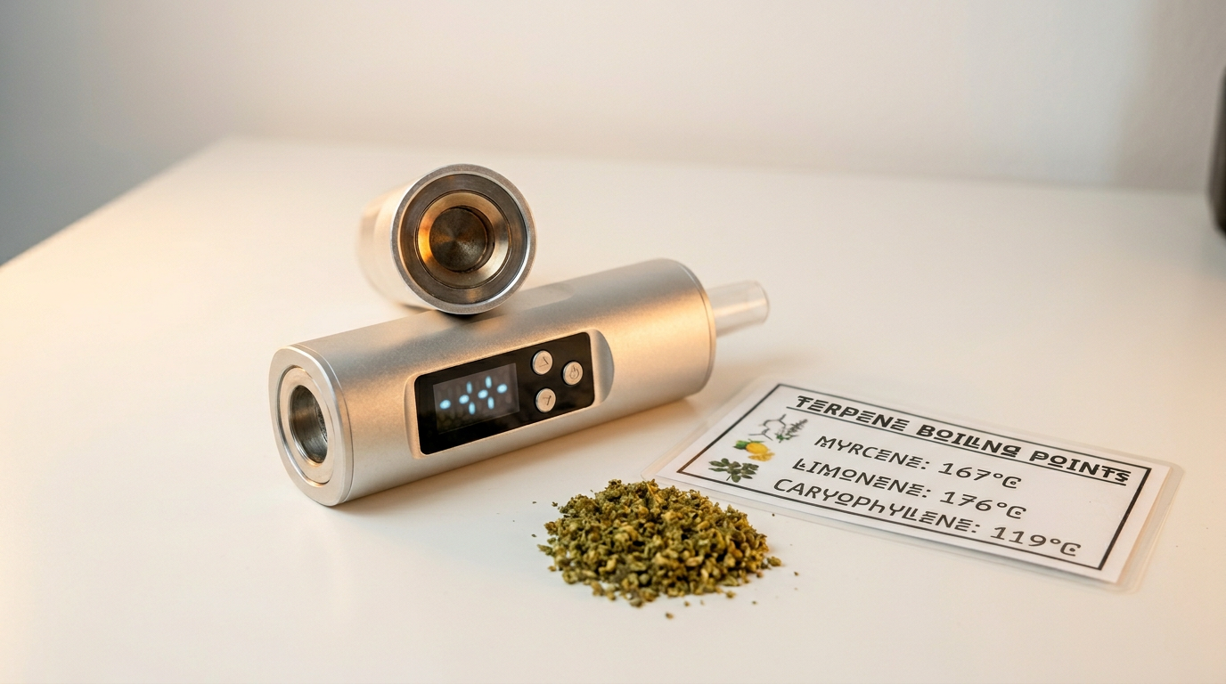 Cannabis vaporizer set at precise temperature with terpene boiling point reference chart showing cannabinoid preservation methods
