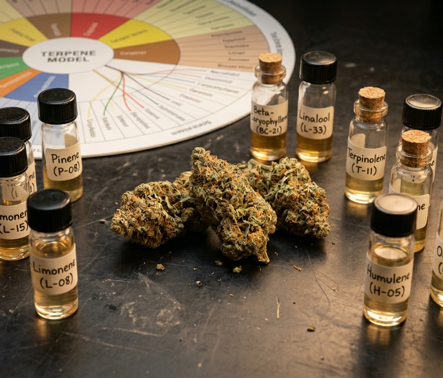 Cannabis terpene isolates in vials alongside cannabis buds