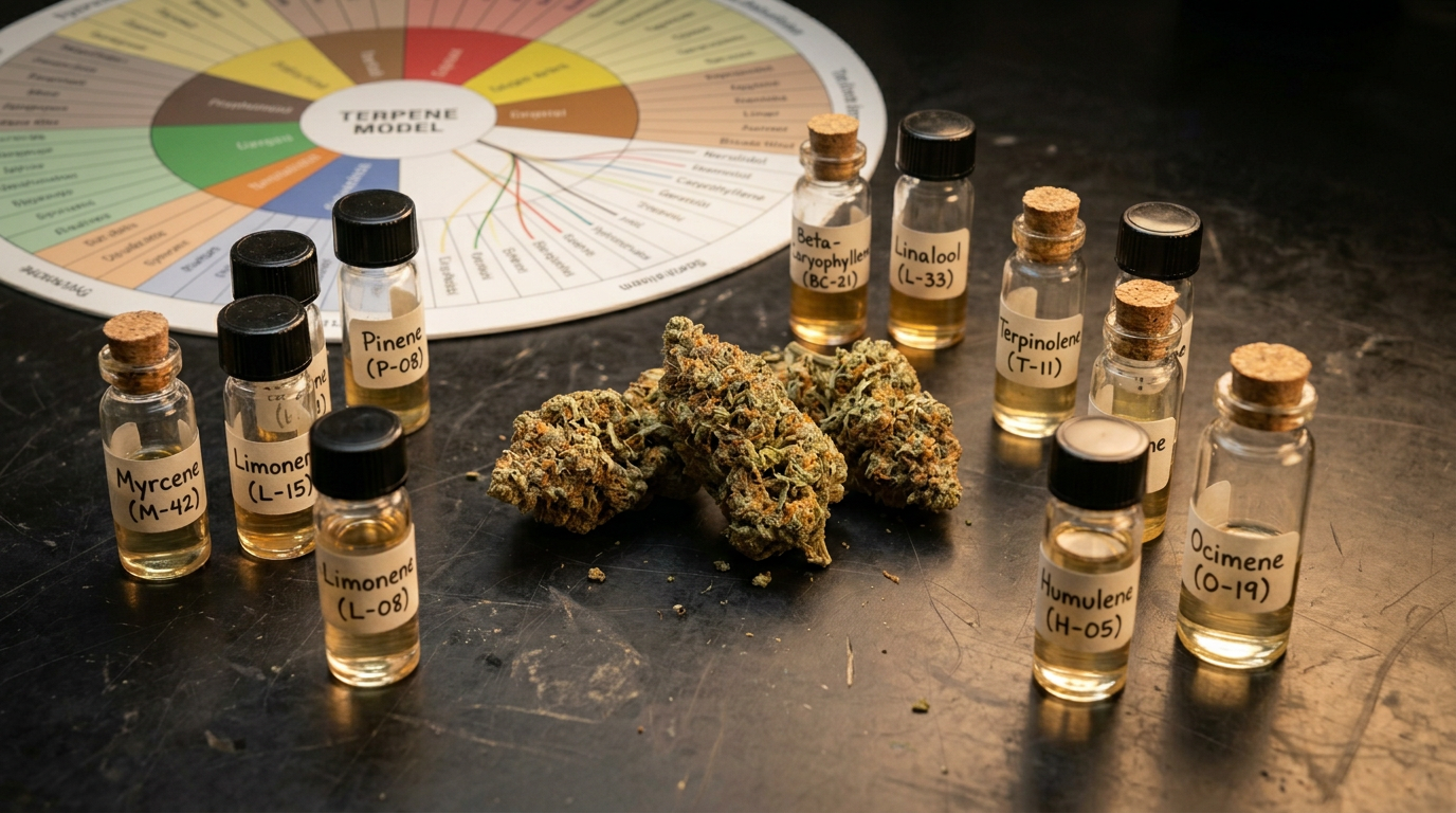 Cannabis terpene isolates in vials alongside cannabis buds