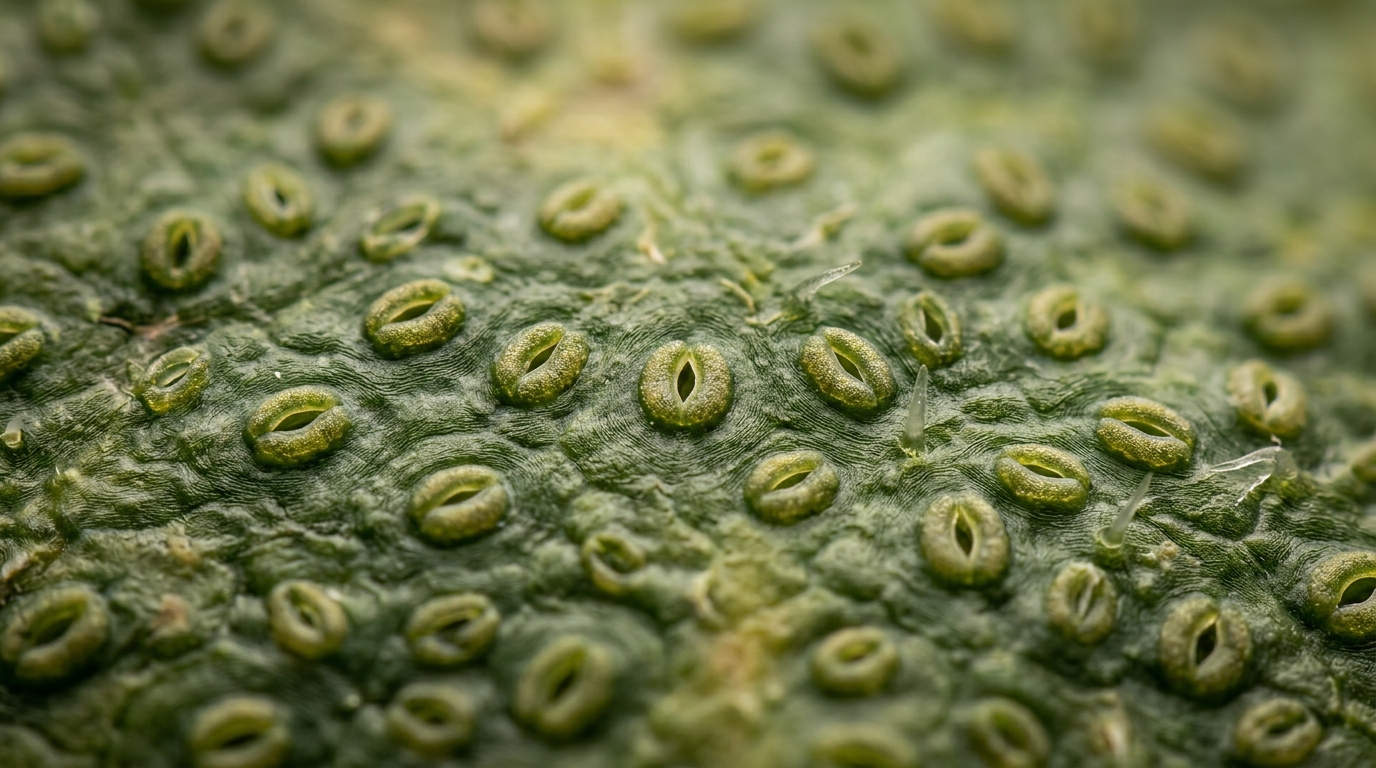 Macro photography of cannabis leaf stomata showing microscopic pores and guard cells at 100x magnification