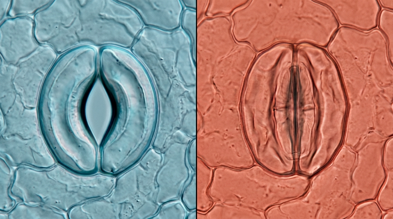 Microscopic comparison of open and closed cannabis stomata showing guard cell turgor and osmotic regulation