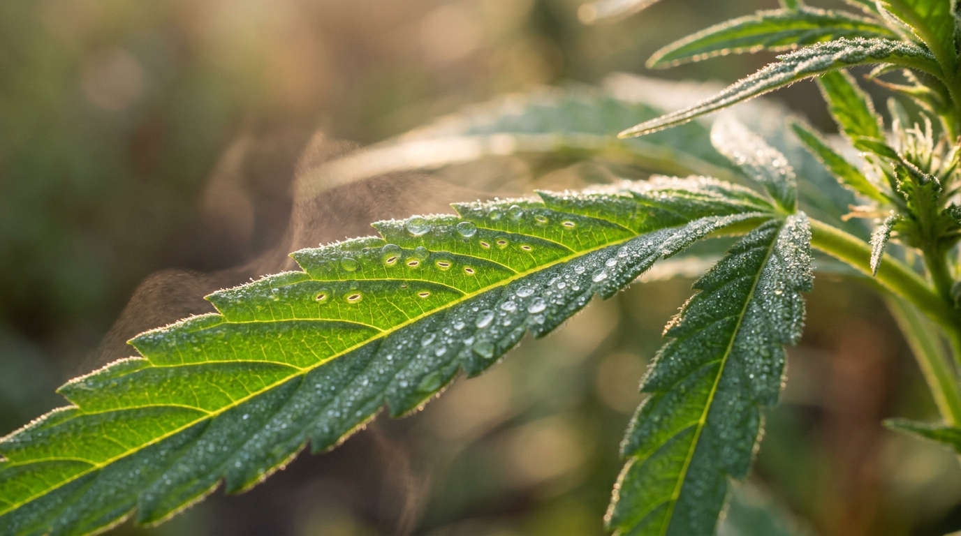 Cannabis leaf transpiration and water vapor emission through stomatal pores captured with macro photography