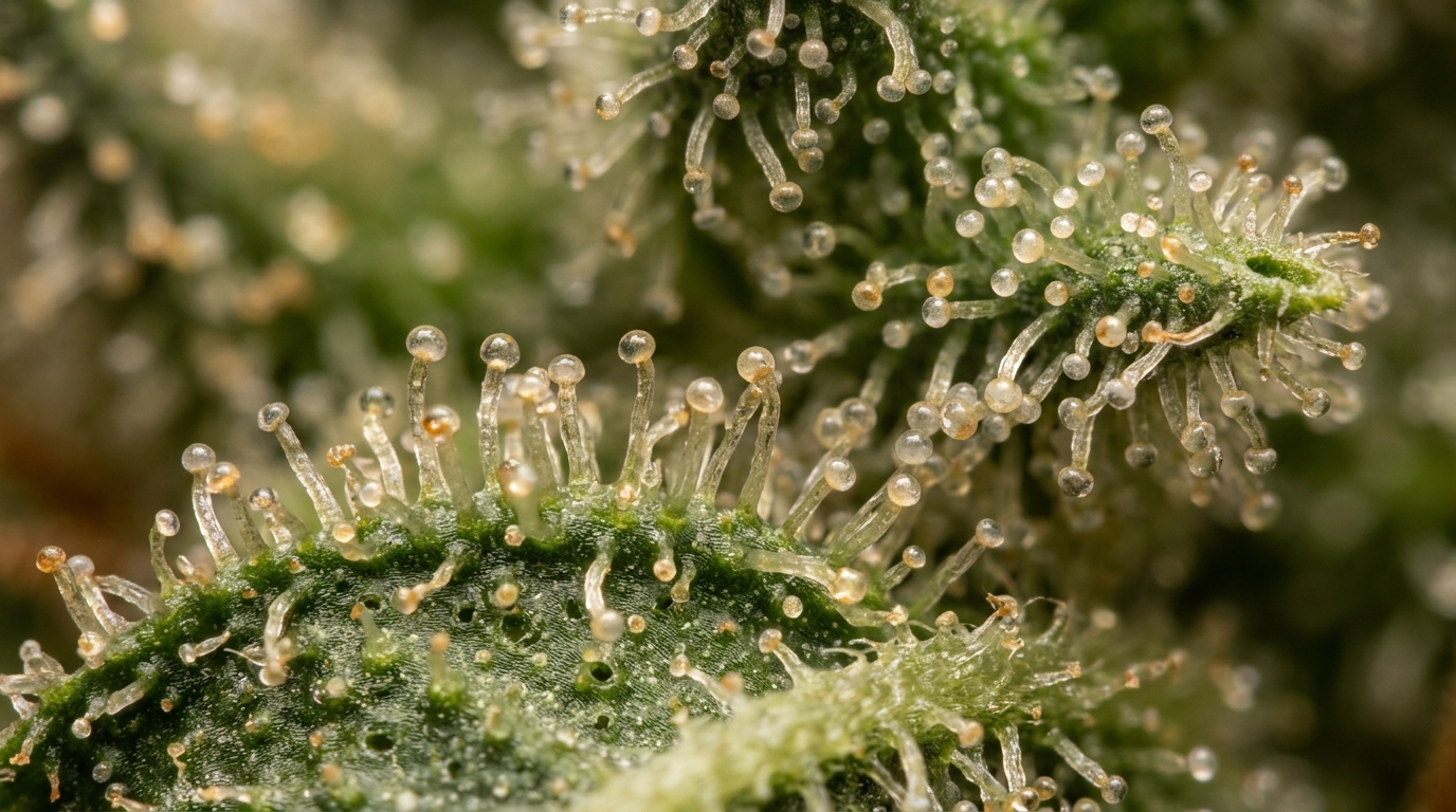 Cannabis trichomes and terpene-rich glandular heads at macro magnification showing volatile compound structure
