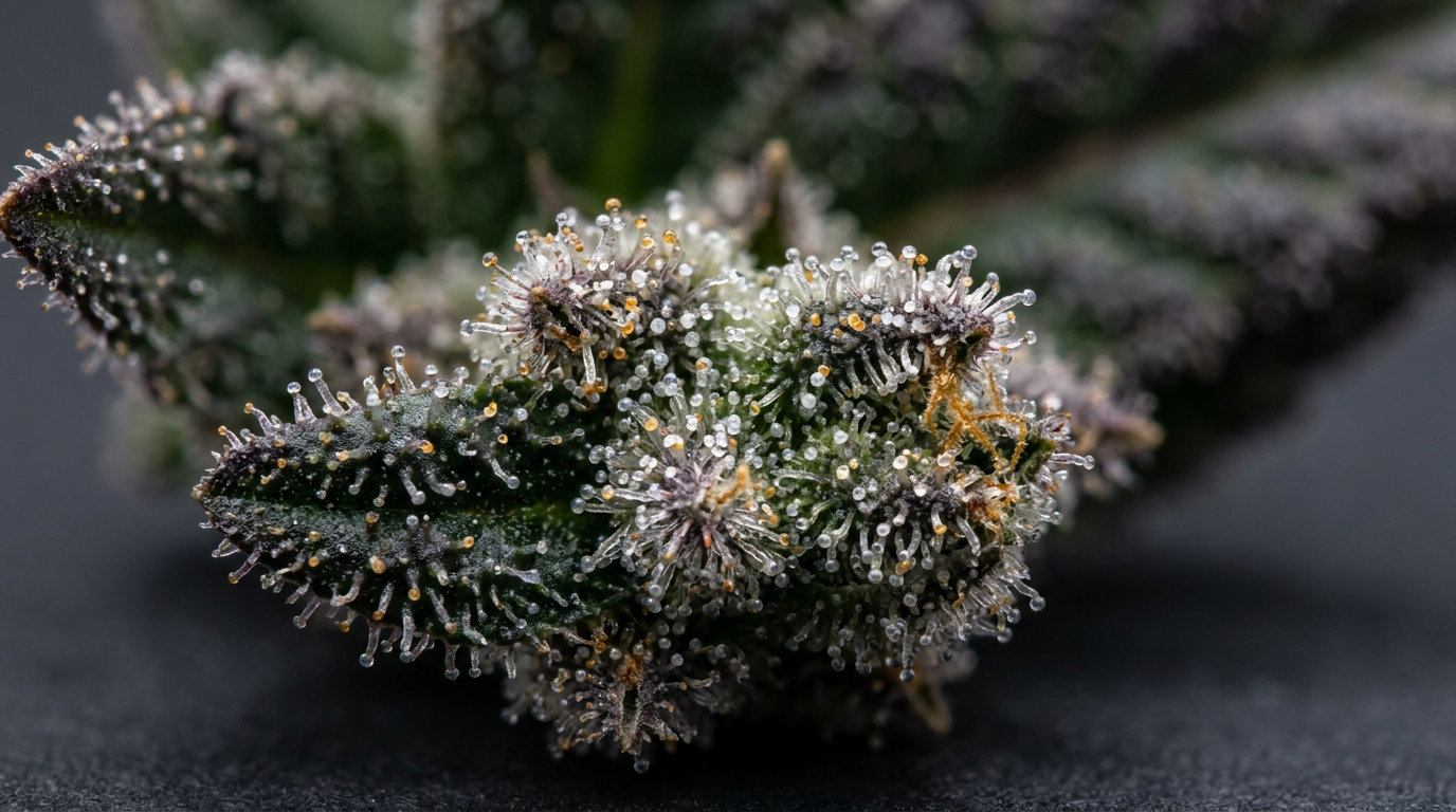 Macro photography of cannabis trichomes showing terpene-producing resin glands at high magnification for chemistry education