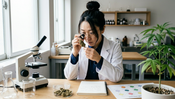 Cannabis science expert Maya Chen examining cannabis terpene profiles through a magnifying loupe with lab reports and terpene analysis charts