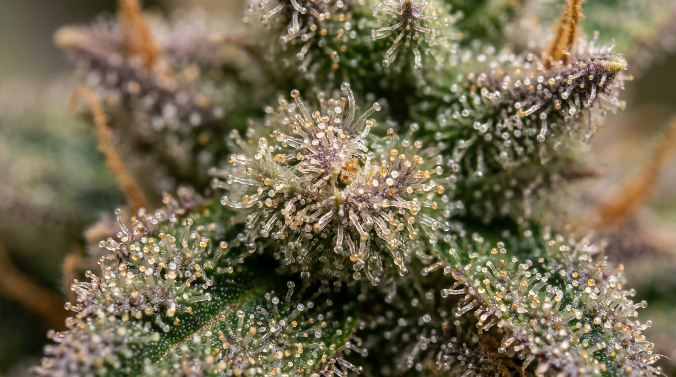 Macro photography of cannabis flower trichomes showing terpene-producing resin glands in detailed scientific view