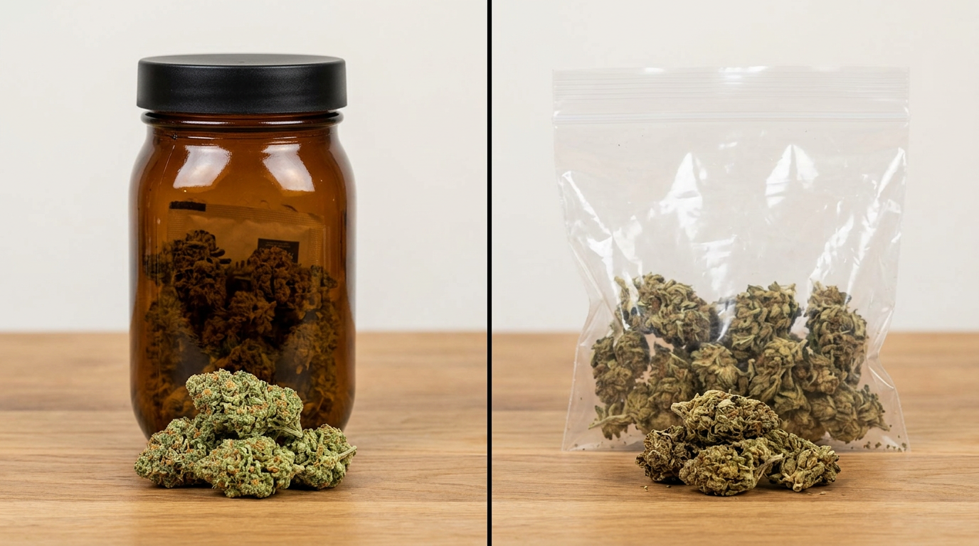 Cannabis storage methods comparison showing proper preservation in airtight glass versus improper plastic storage for terpene degradation