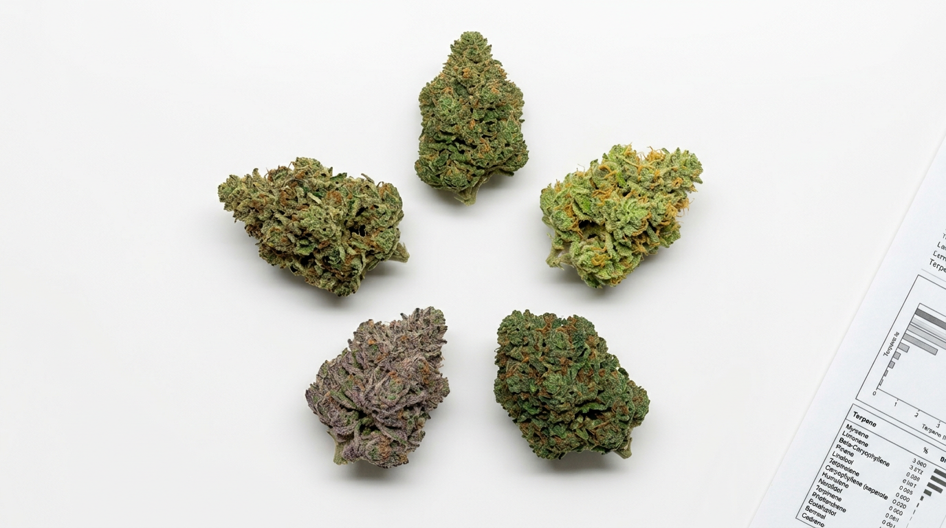 Cannabis strain comparison showing different terpene profiles and aromatic characteristics side by side