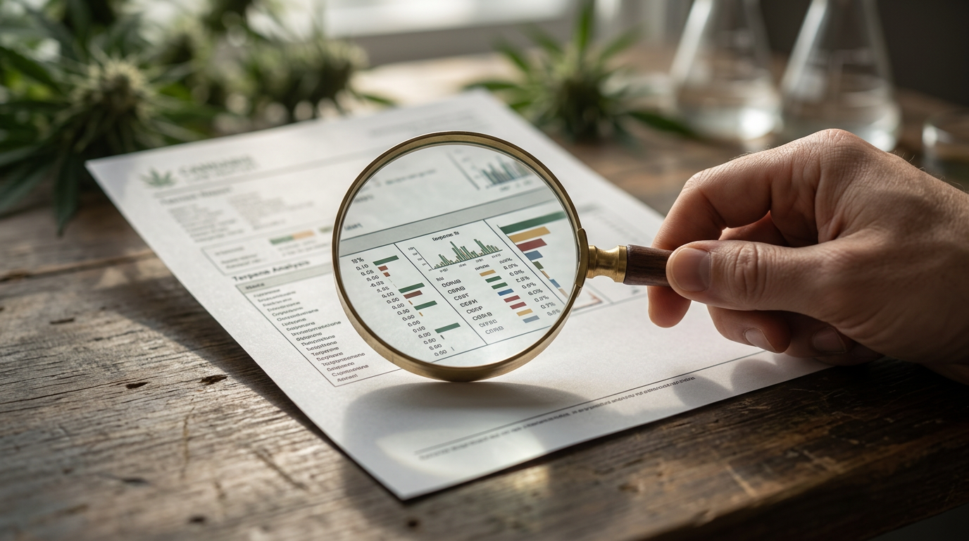 Cannabis lab report terpene panel showing percentage measurements for strain selection and entourage effect analysis