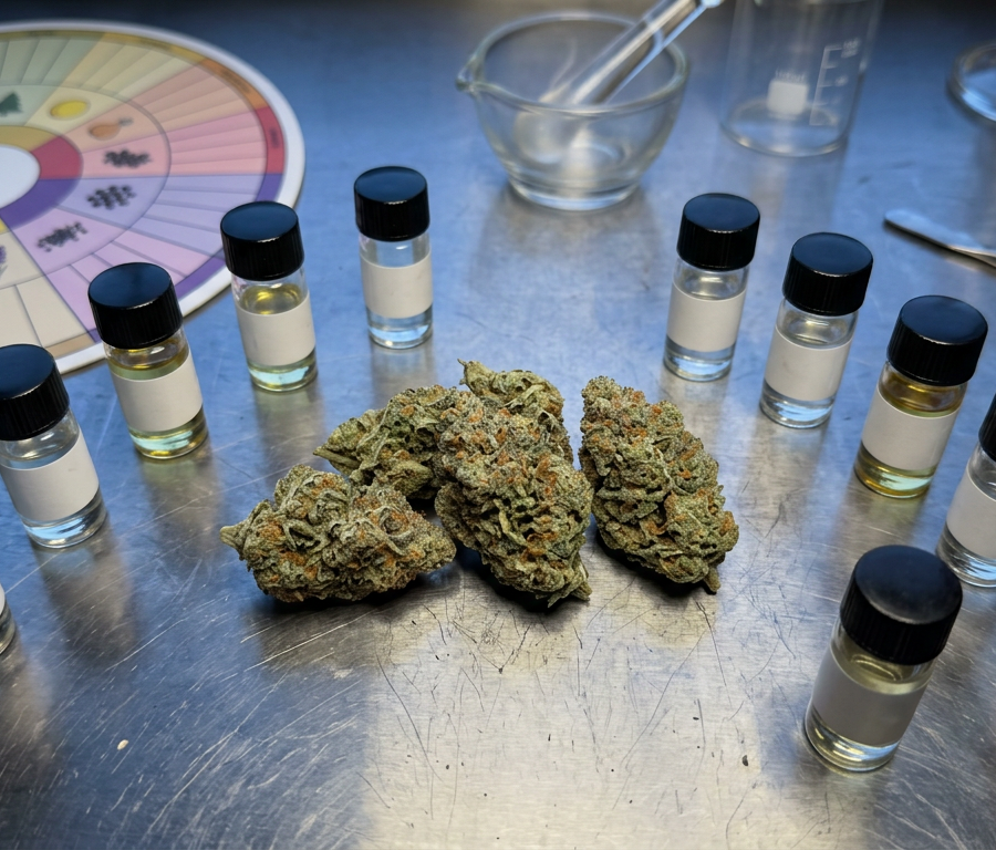 Cannabis terpene isolates in vials alongside cannabis buds