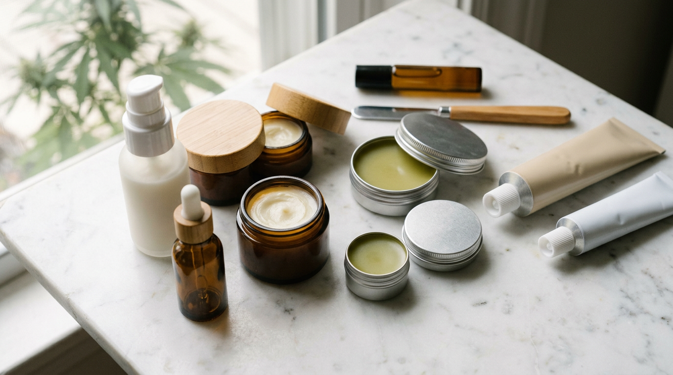 Various cannabis topical products including balms, creams, and lotions displayed in different container types for comparison