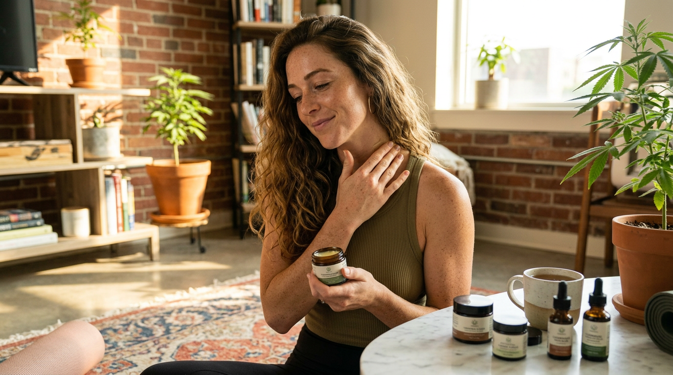 Woman applying cannabis topical balm to shoulder for pain relief and muscle recovery