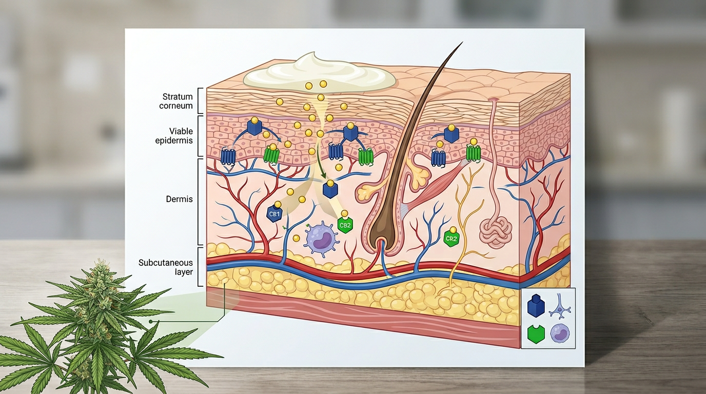 Skin barrier anatomy showing cannabinoid receptors and localized endocannabinoid system interaction with topical application