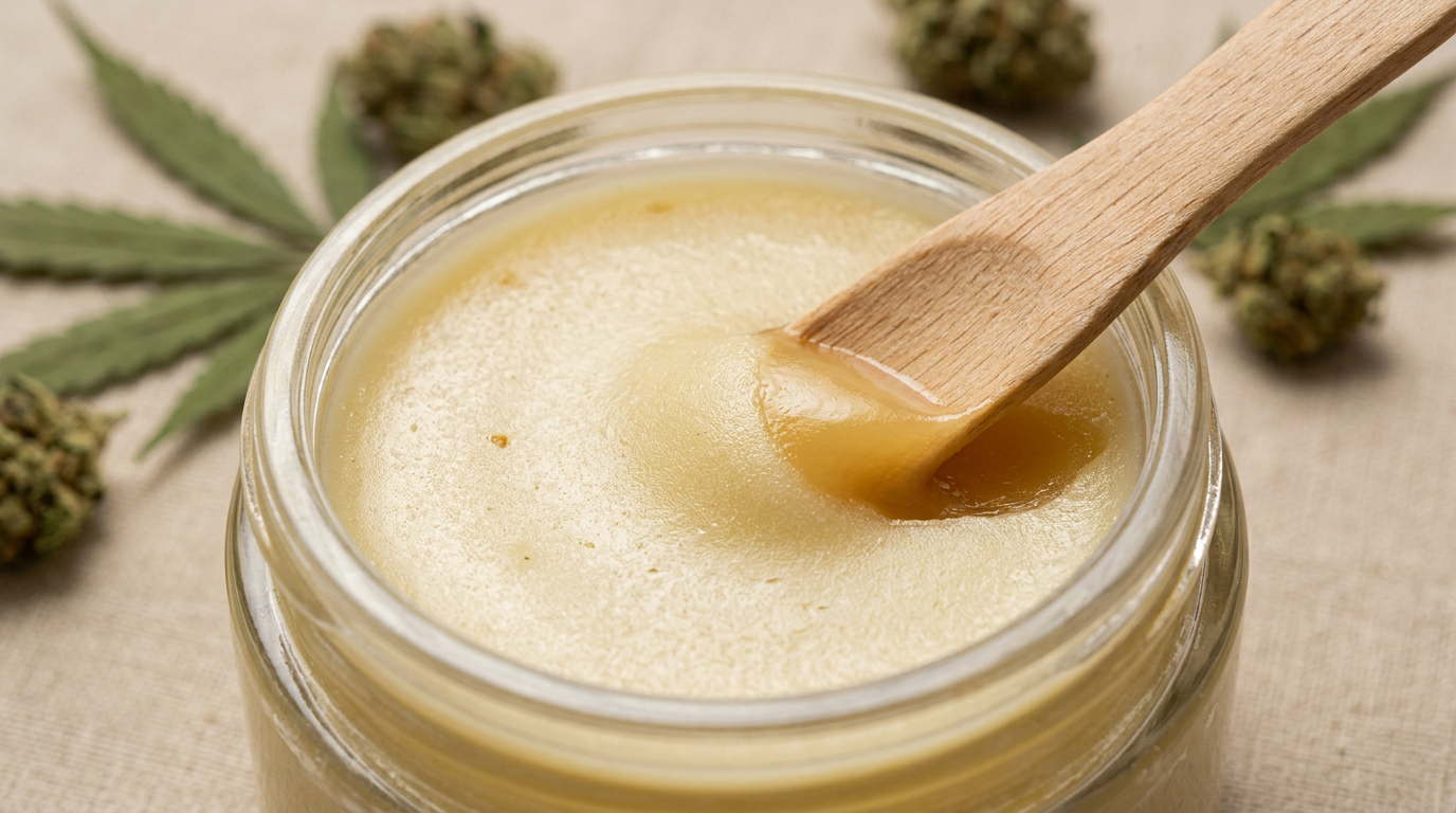 Close-up texture of cannabis topical balm showing creamy consistency and carrier oil base