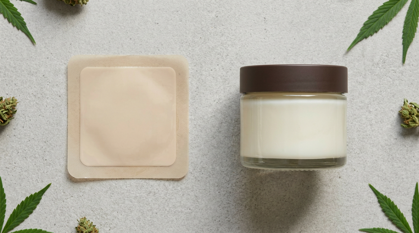Transdermal cannabis patch compared to traditional topical balm jar showing structural and delivery system differences