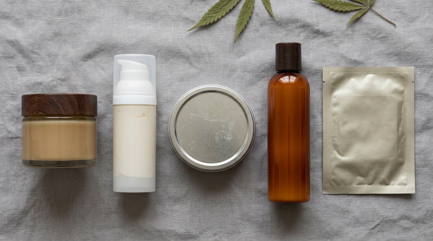 Cannabis topical product types including creams, balms, salves, lotions, and transdermal patches arranged for comparison