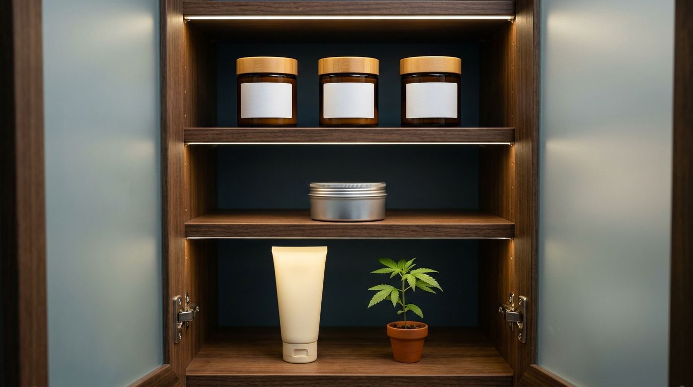 Proper storage of cannabis topicals in cool dark cabinet to maintain potency and shelf life