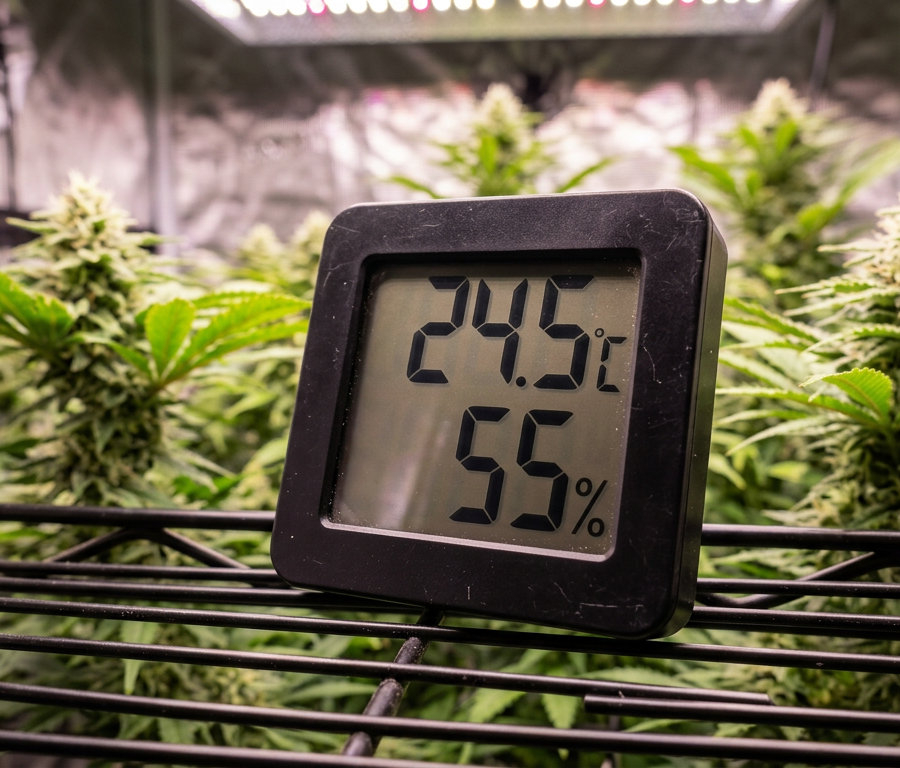 Digital thermometer hygrometer displaying VPD readings in cannabis grow tent with flowering plants
