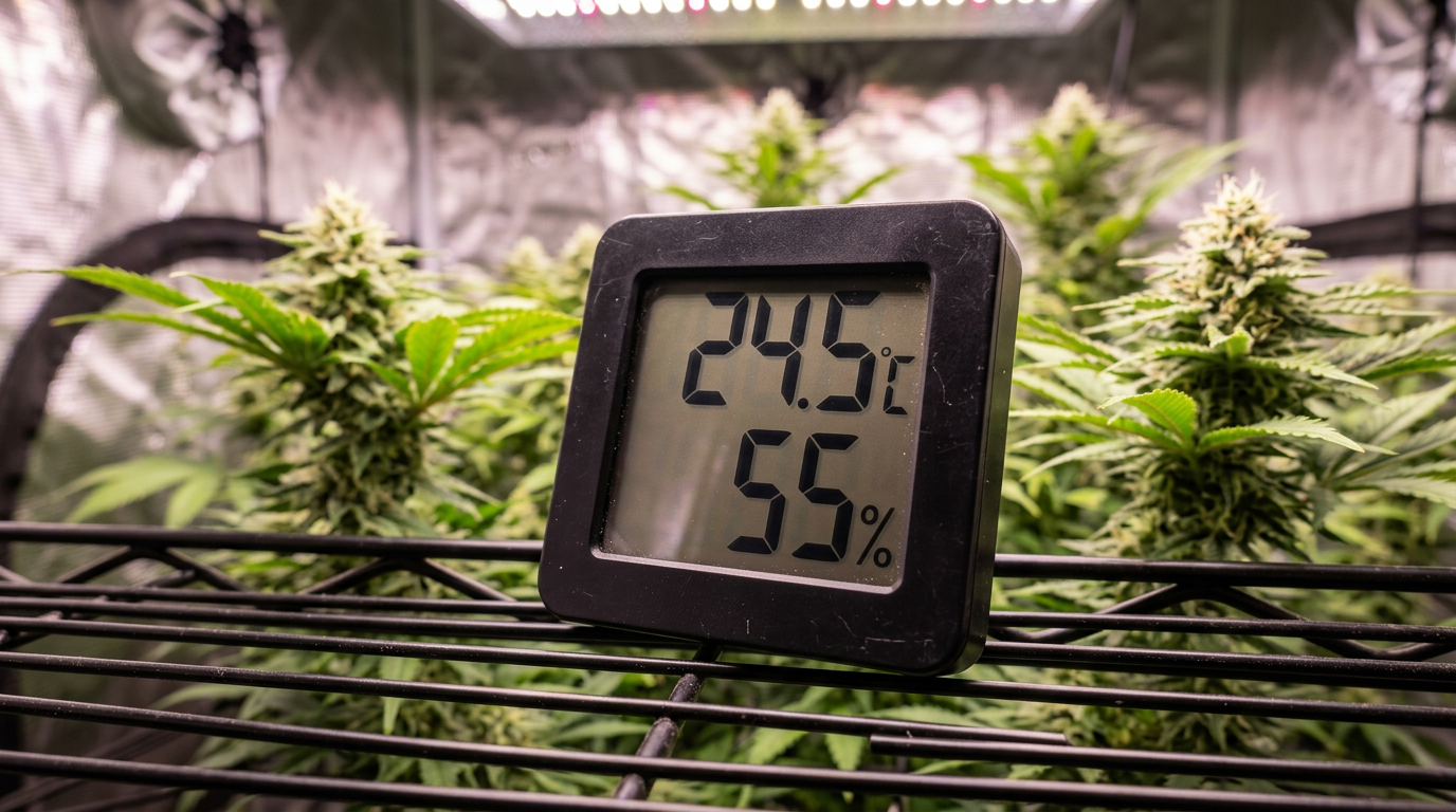 Digital thermometer hygrometer displaying VPD readings in cannabis grow tent with flowering plants