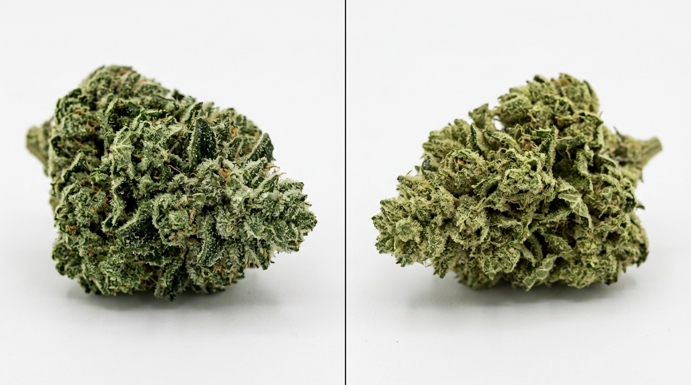 Comparison of cannabis buds showing difference between optimal VPD-managed plant and poor VPD conditions, demonstrating yield and resin quality impact