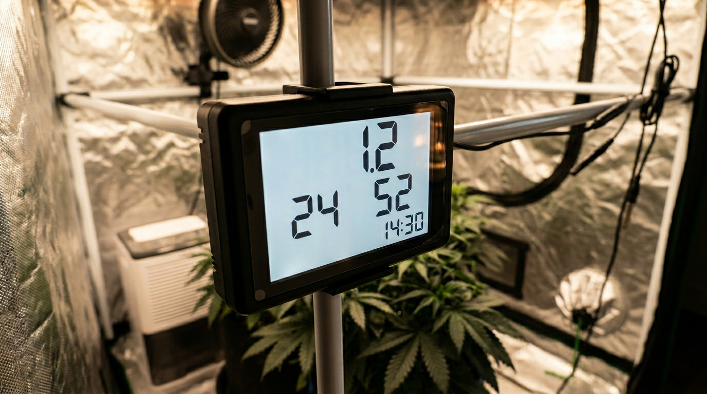 Digital VPD monitoring dashboard displaying vapor pressure deficit calculation with temperature and humidity readings for cannabis grow room environmental control