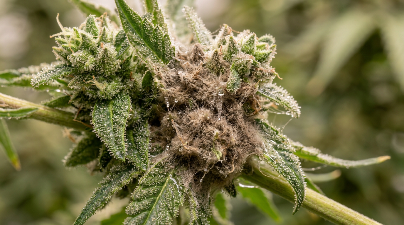 Botrytis cinerea gray mold infection on cannabis bud showing fungal growth resulting from low VPD and high humidity conditions during flowering