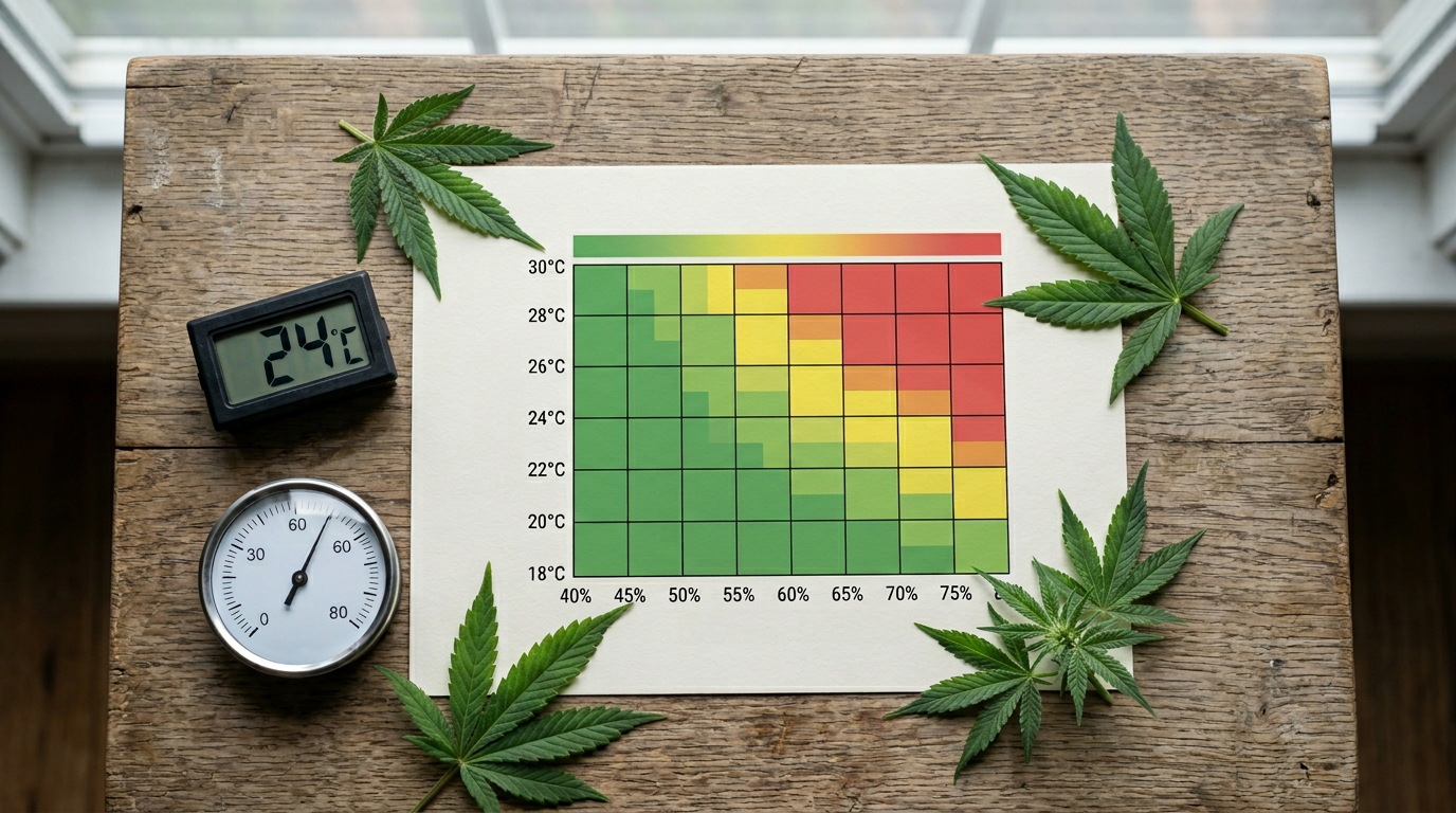VPD chart with temperature, humidity meter, and cannabis leaves on wooden surface