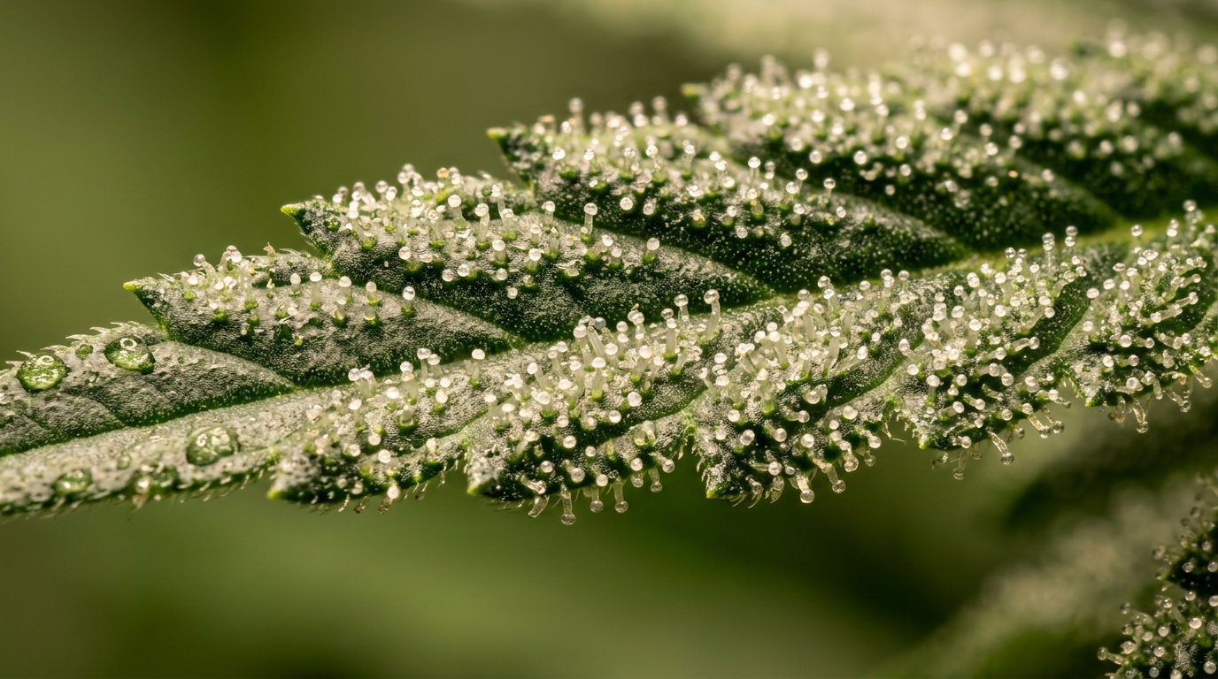 Cannabis leaf macro showing trichomes and moisture droplets illustrating vapor pressure deficit effect