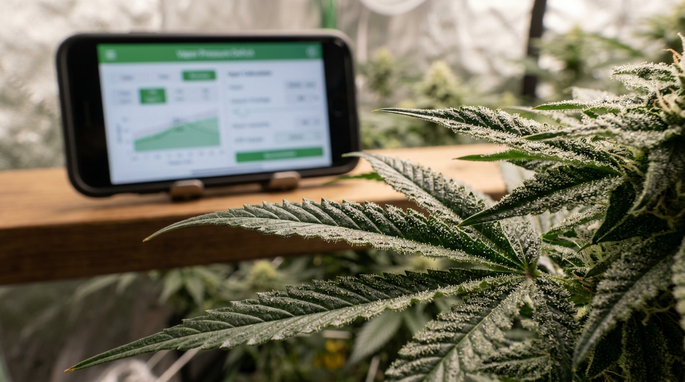 Cannabis plant canopy with trichomes and digital VPD calculator tool in background