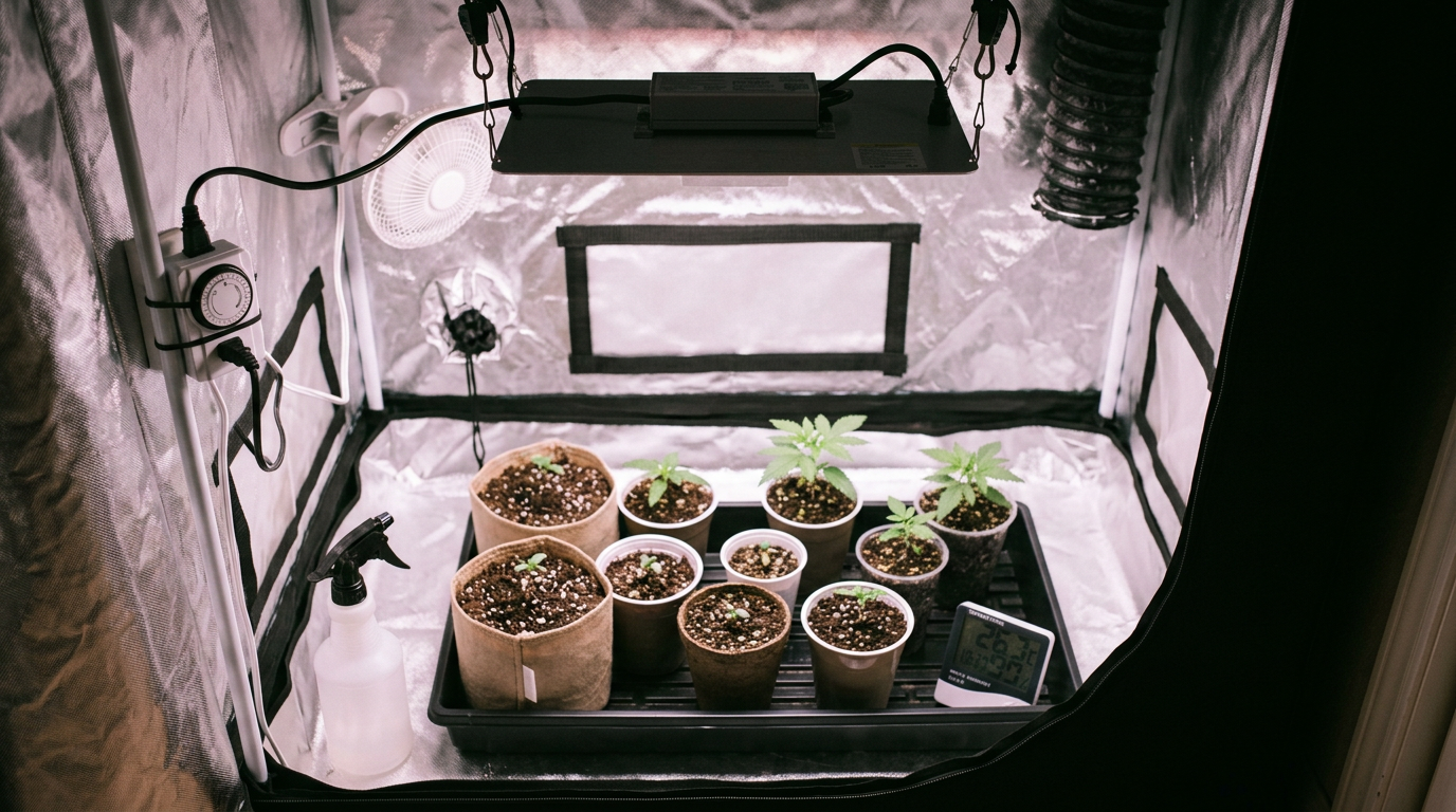 Beginner-friendly autoflower seedlings in grow tent with LED lights and timer setup for easy light schedule management