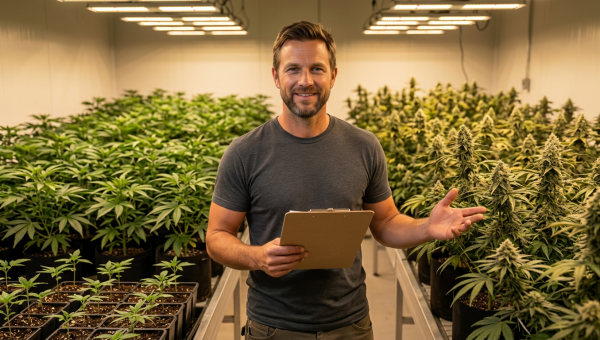 Experienced cannabis grower Darrel Henderson in grow room demonstrating three seed types at different growth stages - feminized, autoflower, and regular seeds