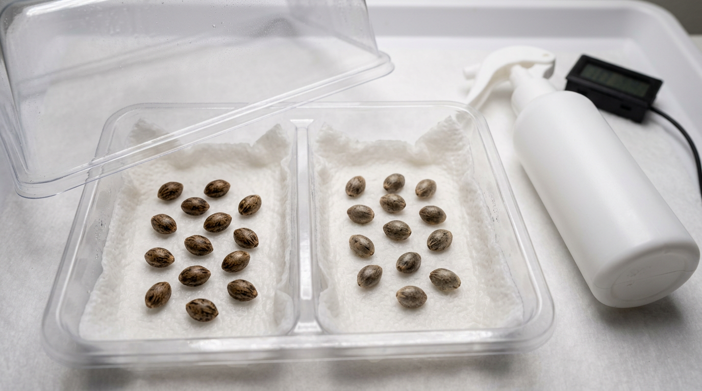 Feminized autoflower hybrid seeds compared to regular seeds in germination tray setup showing seed characteristics