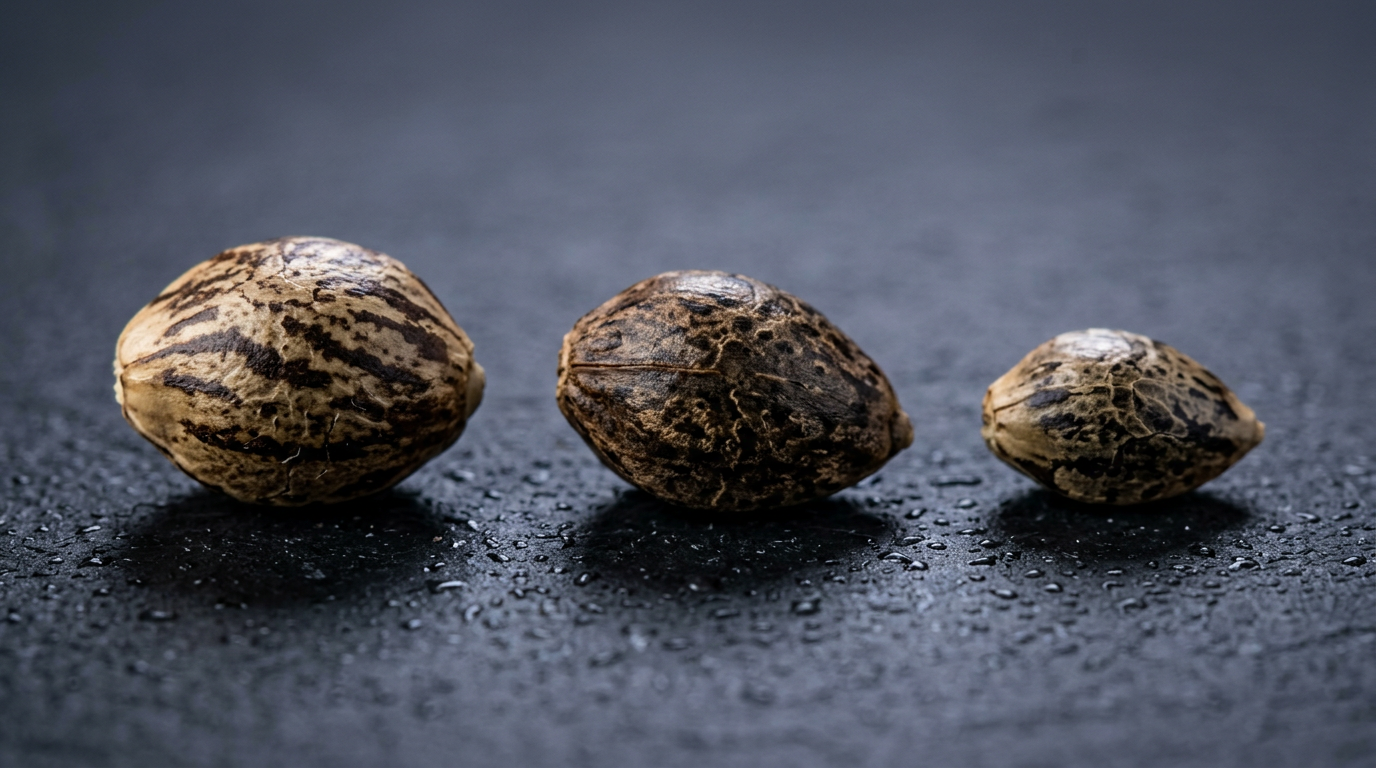Close-up comparison of feminized, regular, and autoflower cannabis seeds showing distinct physical characteristics