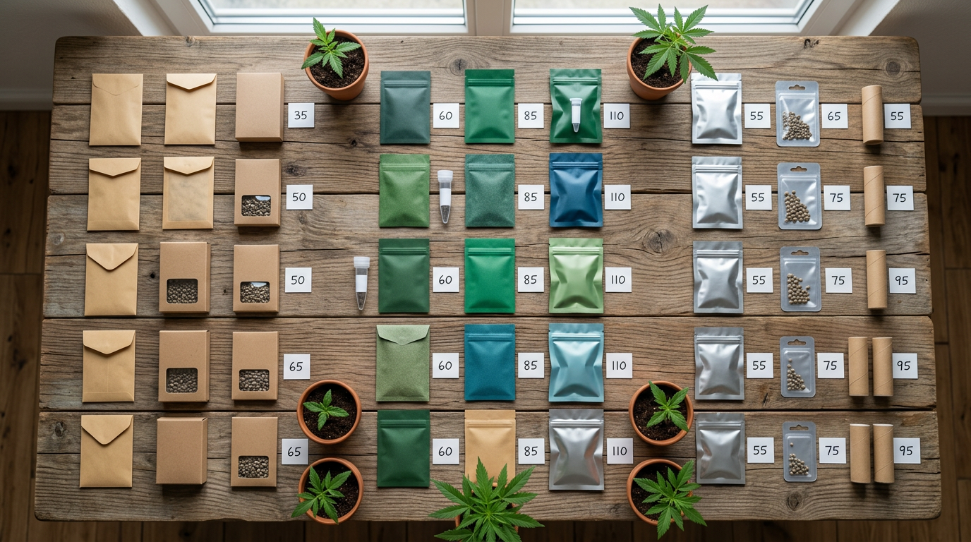 Seed bank seed packets comparison showing feminized autoflower and regular seed pricing and packaging from reputable breeders