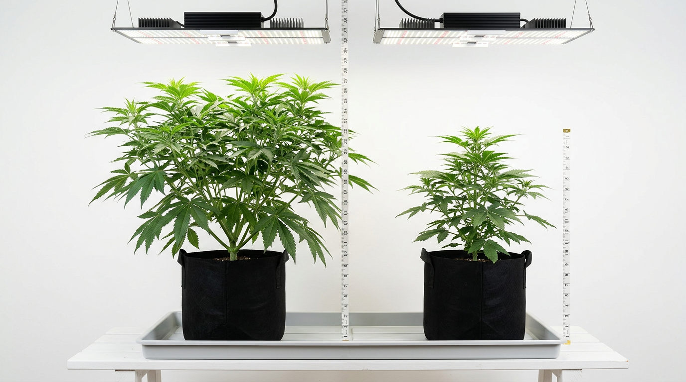 Feminized photoperiod plant versus autoflowering plant size comparison showing yield and biomass differences