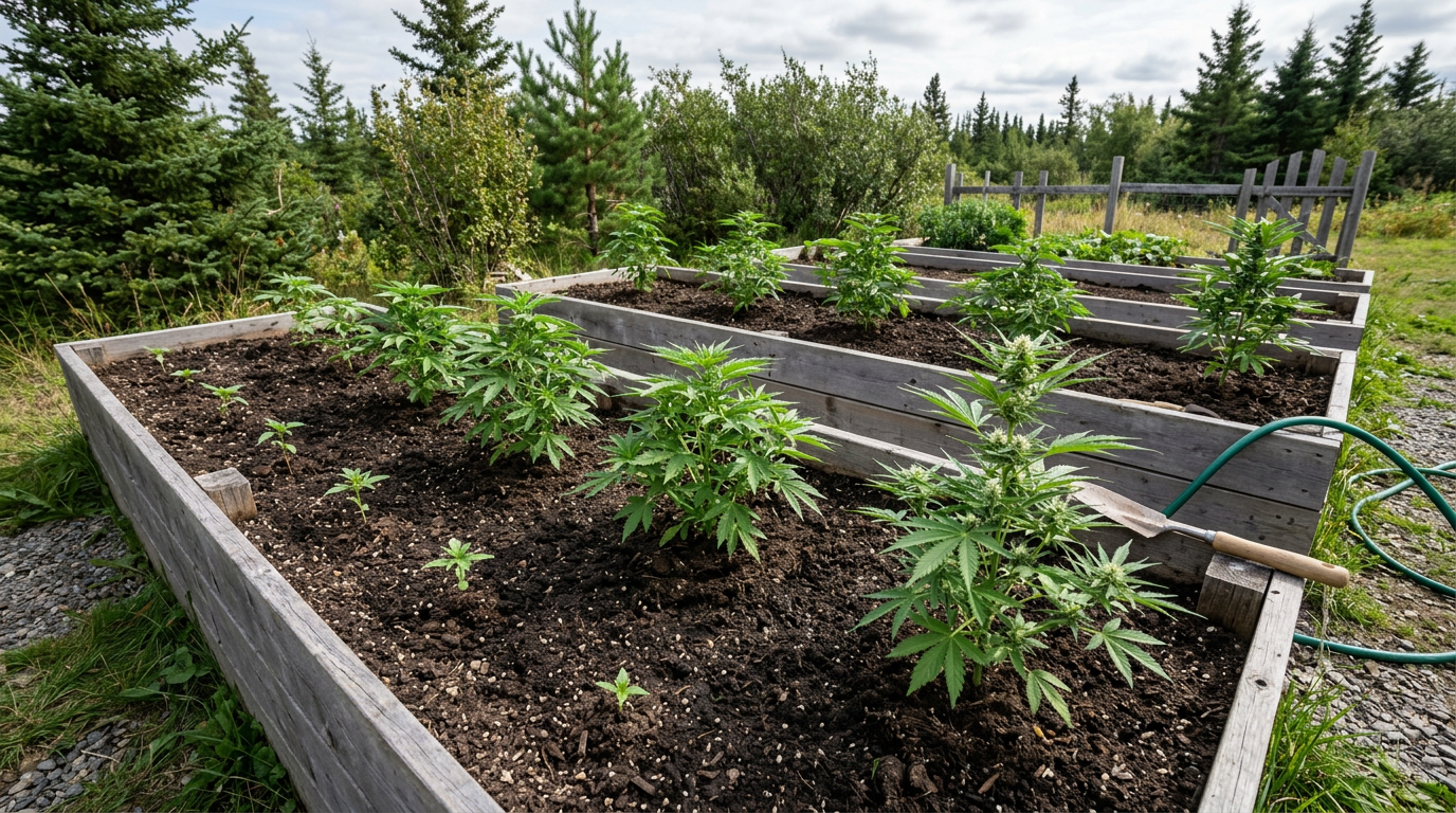 Outdoor autoflower cannabis plants staggered for multiple harvests in short-season northern growing climate