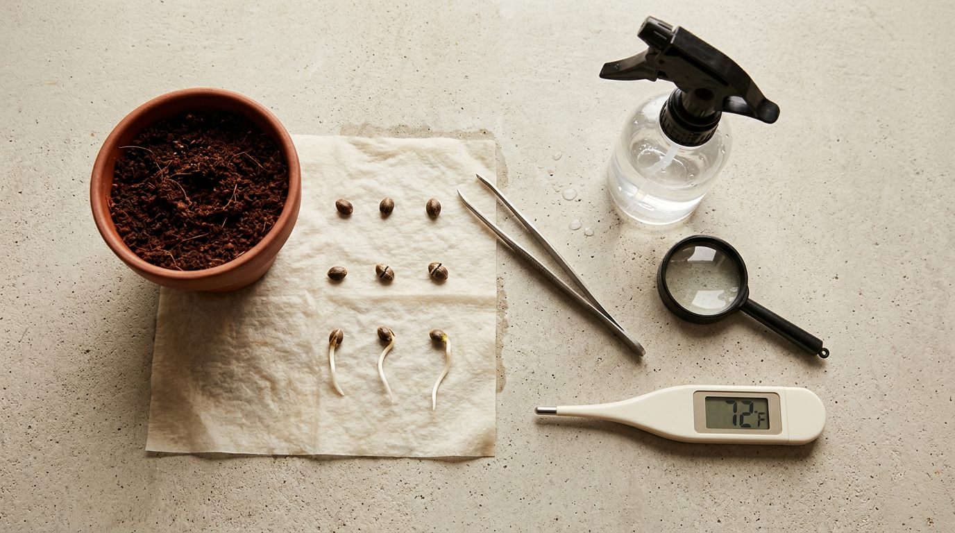 Cannabis seed germination tray setup with feminized and autoflower seeds at different sprouting stages with tools and monitoring equipment