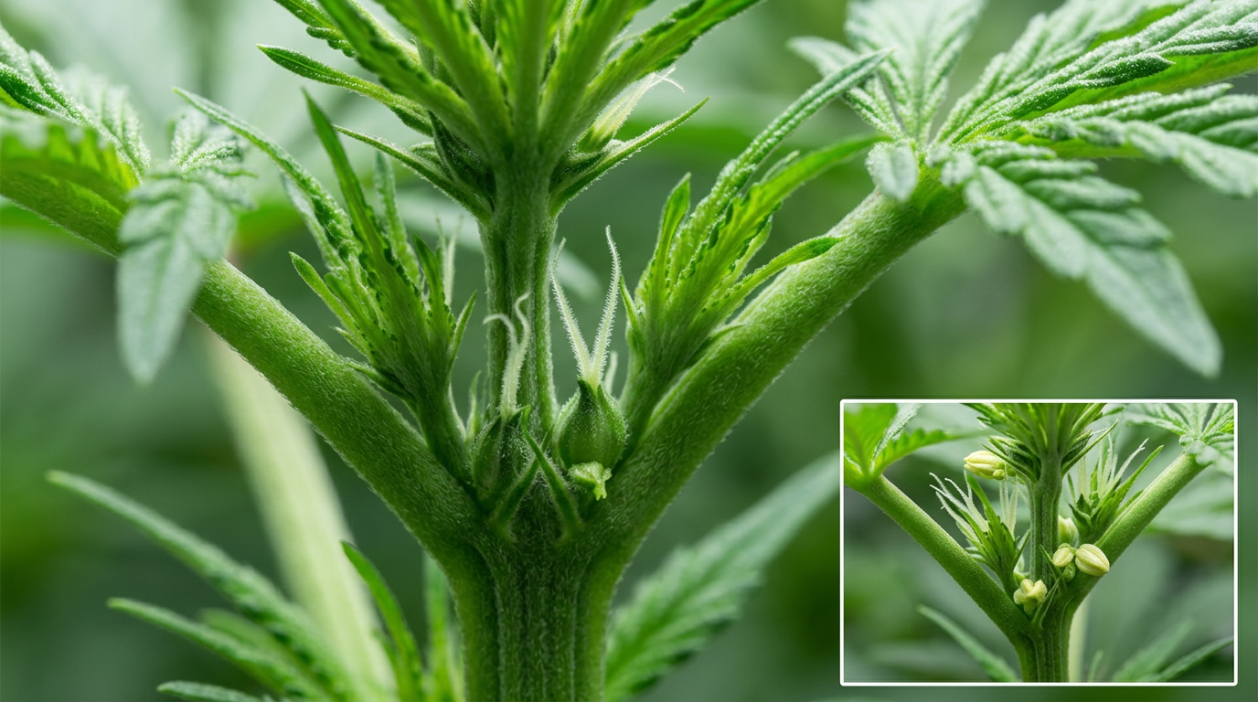 Cannabis pre-flower identification showing normal female pistil development and hermaphroditic trait in feminized seeds